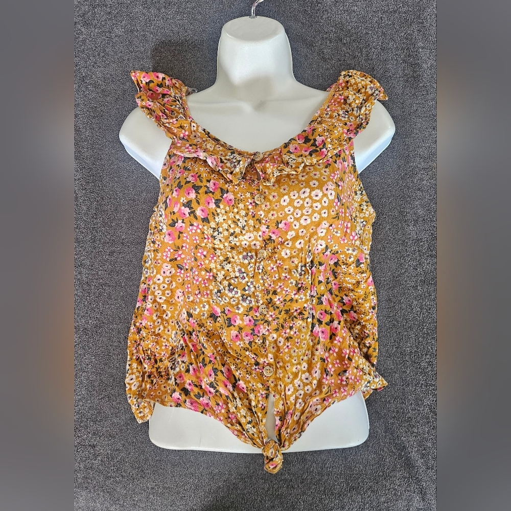 No Boundaries Yellow Floral Ruffle Tie-Front Tank,Women's size small floral top.